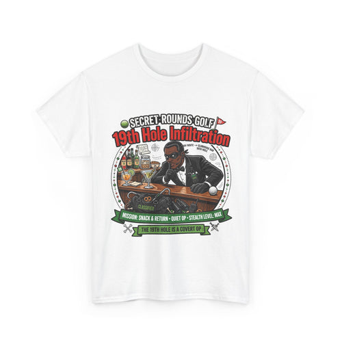 Secret Rounds Golf – 19th Hole Infiltration AA Edition (White Unisex Tee)