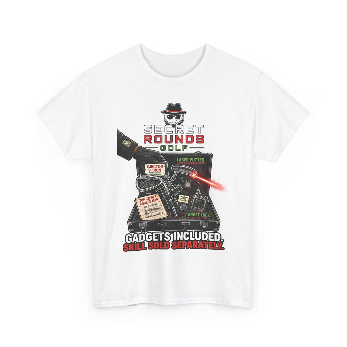 Secret Rounds Golf – Gadgets Included AA Edition (White Unisex Tee)